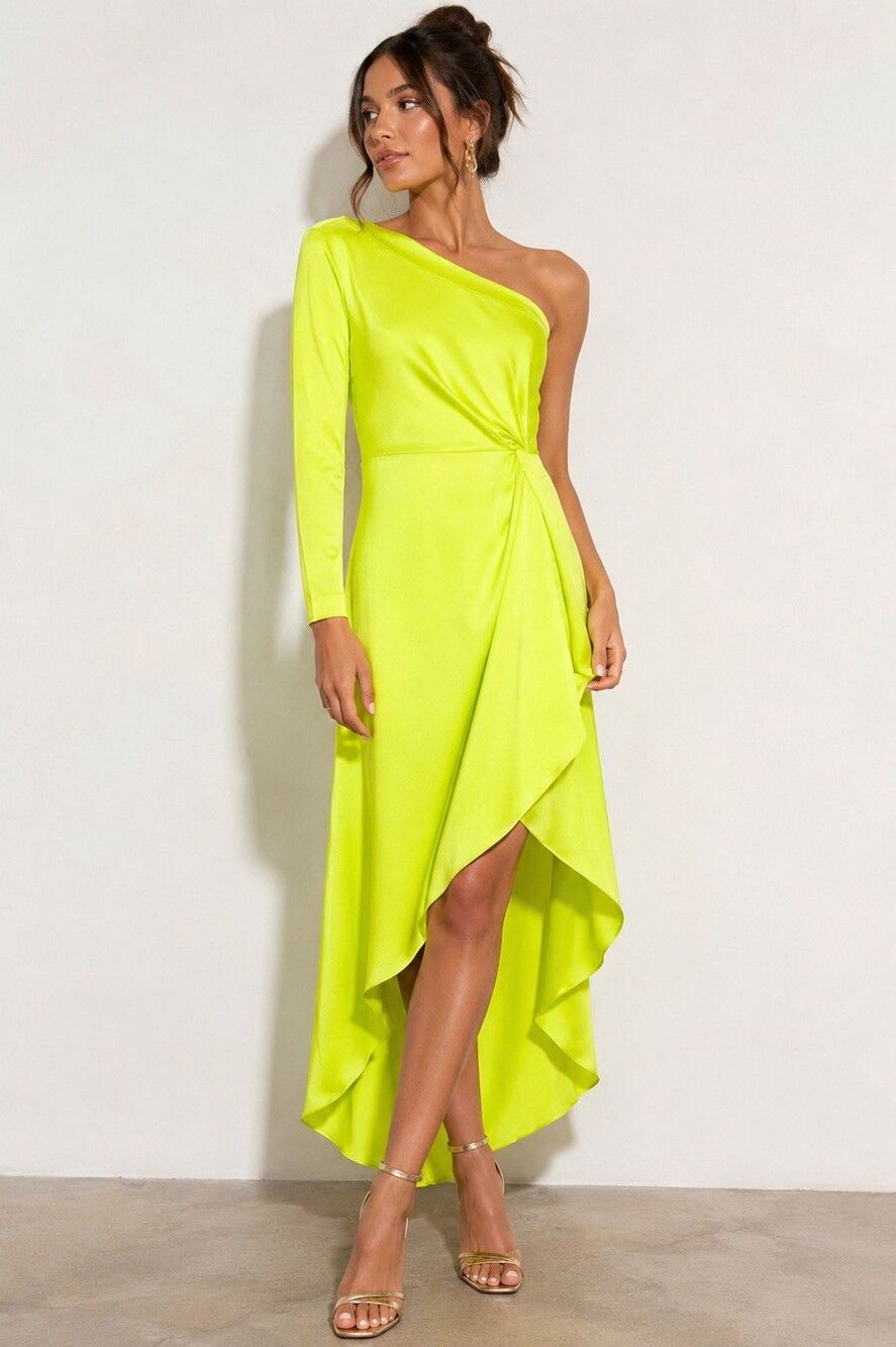Alice + Olivia Dora Neon Key Lime One Shoulder High Low Dress 6 NWT Flaws